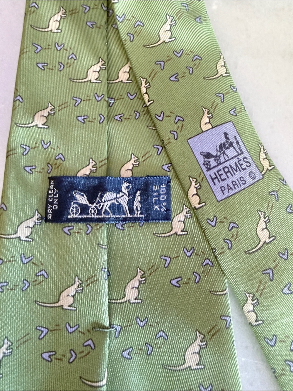 Hermes Green Silk Tie with Cream Kangaroo Motif